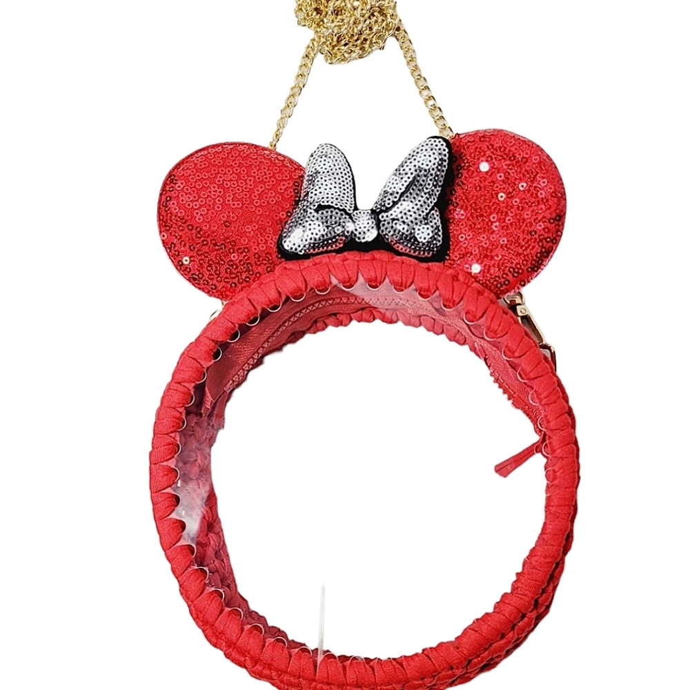Mouse Ears Bow Clear Crossbody with Chain Strap Red w Silver Bow